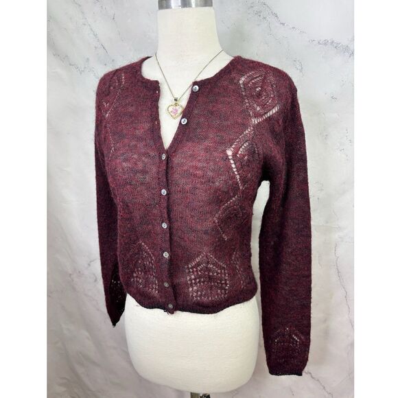 Calme Johnny Was y2k Burgundy Open Knit Cardigan Sweater Top S Wool Cottagecore - Picture 3 of 16